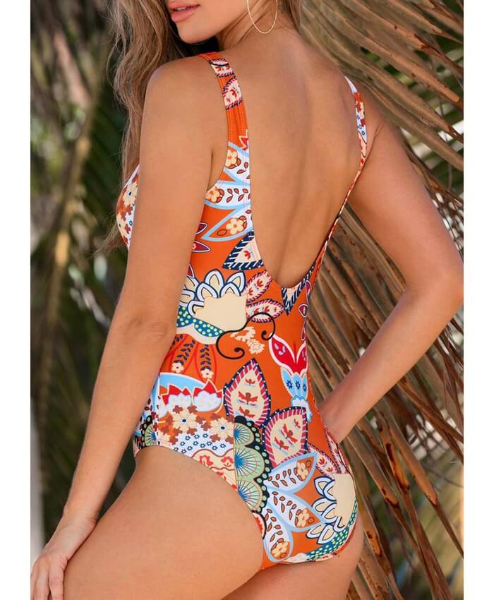 Scoop Back Printed Orange One Piece Swimwear